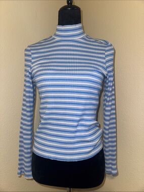 PINK Victoria's Secret Blue & White Striped Mock Neck Long Sleeve